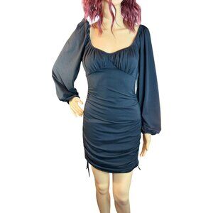 (6 for $25) Lantern Sleeve Ruched Mini Dress in Black Size Small
